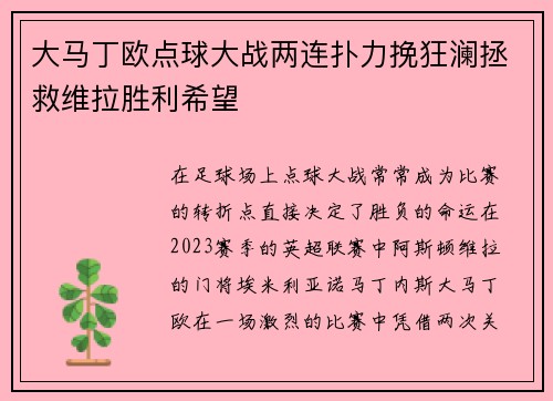 大马丁欧点球大战两连扑力挽狂澜拯救维拉胜利希望 大马丁欧点球大战两连扑力挽狂澜拯救维拉胜利希望